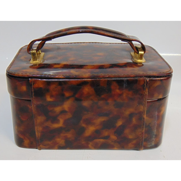 Vintage Travel Jewelry Box Chest Brown Faux Leather Handle Snap Closure Mirror - Picture 11 of 12